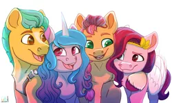 Size: 4000x2400 | Tagged: safe, artist:glitterstar2000, derpibooru import, hitch trailblazer, izzy moonbow, pipp petals, sunny starscout, earth pony, pegasus, pony, unicorn, female, g5, high res, hug, image, looking at each other, male, mare, open mouth, png, simple background, stallion, unshorn fetlocks, white background