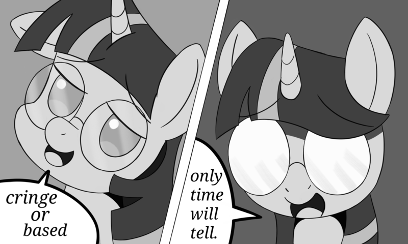 Size: 2000x1200 | Tagged: safe, artist:rainbow-douch, derpibooru import, twilight sparkle, pony, unicorn, based, comic strip, cringe comedy, glasses, image, manga, meme, monochrome, png, simple background, solo, speech bubble, text