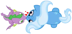 Size: 945x446 | Tagged: safe, artist:lincolnbrewsterfan, artist:titanium-pony, derpibooru import, spike, trixie, dragon, both cutie marks, duo, female, heart, image, kissing, looking at each other, male, nocturnal vision's overhead ponies, overhead view, png, romance, shipping, simple background, spixie, straight, transparent background, winged spike