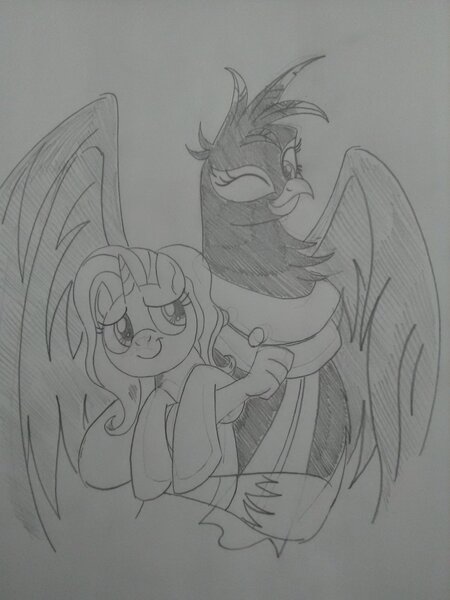 Size: 1944x2592 | Tagged: safe, artist:princebluemoon3, derpibooru import, georgia (character), luster dawn, gryphon, pony, unicorn, duo, duo female, female, grayscale, holding a pony, hug, image, jpeg, large wings, looking at each other, monochrome, one eye closed, sketch, smiling, traditional art, wings, wink