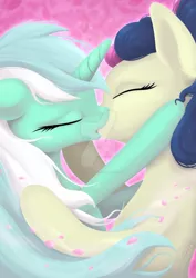 Size: 1280x1803 | Tagged: safe, artist:safizejaart, derpibooru import, bon bon, lyra heartstrings, sweetie drops, earth pony, pony, unicorn, deviantart watermark, female, image, jpeg, kissing, lesbian, lyrabon, obtrusive watermark, shipping, watermark