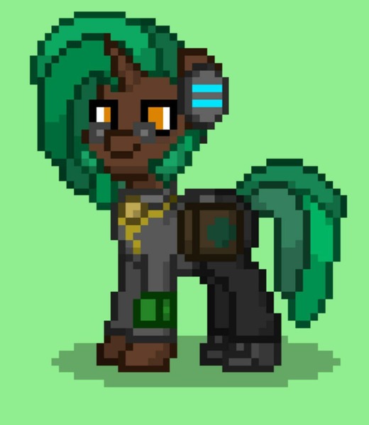 Size: 1080x1246 | Tagged: safe, derpibooru import, vinyl scratch, oc, oc:cracked disk, pony, unicorn, ashes town, green background, horn, image, jpeg, pipbuck, simple background, solo, unicorn oc, wasteland