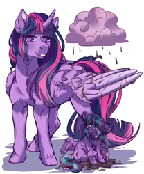 Size: 2000x2400 | Tagged: safe, artist:ponipoke, derpibooru import, twilight sparkle, twilight sparkle (alicorn), oc, alicorn, pony, alicorn oc, chocolate, chocolate rain, crying, female, filly, food, horn, image, magical lesbian spawn, mare, mother and child, mother and daughter, offspring, parent:starlight glimmer, parent:twilight sparkle, parents:twistarlight, pink cloud, png, rain, simple background, white background, wings