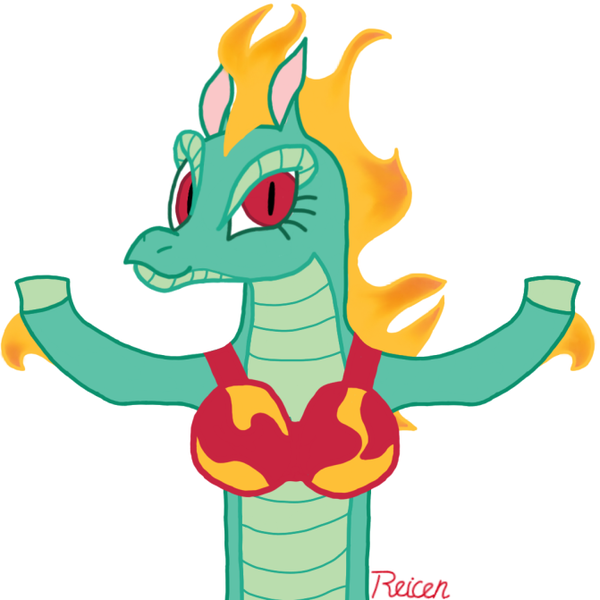 Size: 671x671 | Tagged: suggestive, artist:reicen, derpibooru import, tianhuo, dragon, hybrid, longma, them's fightin' herds, bra, breasts, busty tianhuo, clothes, community related, female, image, looking at you, mane of fire, png, shrug, shrugging, underwear