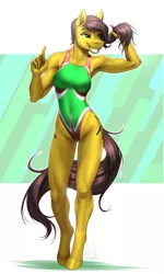 Size: 2850x4750 | Tagged: safe, artist:mykegreywolf, derpibooru import, oc, oc:archer, unofficial characters only, anthro, earth pony, unguligrade anthro, armpits, athletic, clothes, ear fluff, female, high-cut clothing, image, legs, one-piece swimsuit, png, sexy, smiling, solo, swimsuit, teeth, thighs, thong swimsuit, toned, tricolor swimsuit