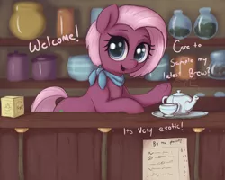 Size: 2500x2000 | Tagged: safe, artist:t72b, derpibooru import, jasmine leaf, pony, bipedal, bipedal leaning, counter, cup, female, food, image, leaning, mare, neckerchief, png, solo, tea, tea shop, teacup, teapot, text