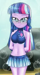Size: 2225x4096 | Tagged: safe, artist:aryatheeditor, derpibooru import, sci-twi, twilight sparkle, equestria girls, adorasexy, beach, bedroom eyes, belly, belly button, bikini, bikini top, breasts, bust, busty sci-twi, busty twilight sparkle, clothes, cute, cutie mark, cutie mark on clothes, derpibooru exclusive, digital art, element of magic, female, glasses, hips, image, jewelry, jpeg, looking at you, miniskirt, outfit, photo, pose, powerful sparkle, regalia, sexy, shiny, skirt, sleeveless, stupid sexy twilight, swimsuit, thighs, twiabetes