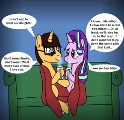 Size: 1280x1237 | Tagged: safe, artist:platinumdrop, derpibooru import, starlight glimmer, oc, oc:brandon, blanket, branglimmer, canon x oc, couch, dialogue, image, png, pregnant, request, shipping, speech bubble