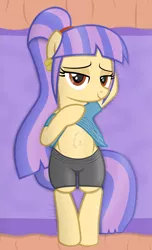 Size: 2012x3312 | Tagged: suggestive, artist:chomakony, derpibooru import, oc, oc:tailma, unofficial characters only, earth pony, pony, bed, bedroom eyes, belly, belly fluff, clothes, ear piercing, earring, earth pony oc, female, image, jewelry, lidded eyes, looking at you, lying down, mare, piercing, png, ponytail, shirt, shirt lift, shorts, show accurate, smiling, solo, tail