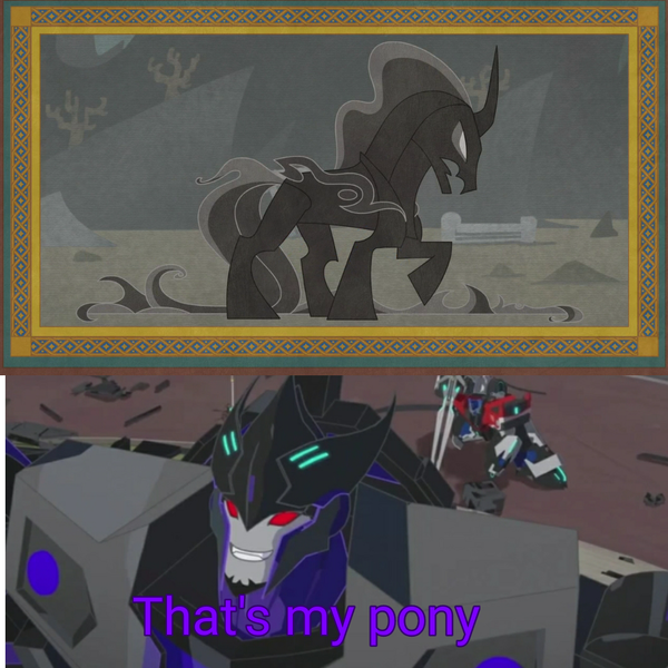 Size: 1000x1000 | Tagged: safe, derpibooru import, edit, screencap, pony of shadows, stygian, shadow play, comparison, image, megatronus prime, meme, optimus prime, png, that's my x, the fallen, transformers, transformers robots in disguise (2015)