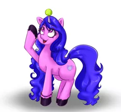 Size: 1300x1200 | Tagged: safe, artist:albertbm, derpibooru import, izzy moonbow, pony, unicorn, bracelet, chest fluff, female, g5, horn, horn guard, horn impalement, hornball, image, izzy's tennis ball, jewelry, jpeg, looking up, mare, open mouth, raised hoof, simple background, solo, tennis ball, unshorn fetlocks, white background