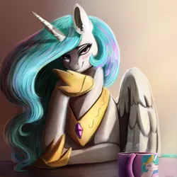 Size: 4000x4000 | Tagged: safe, artist:alumx, artist:miokomata, derpibooru import, princess celestia, alicorn, pony, absurd resolution, blushing, coffee mug, covid-19, ear fluff, face mask, female, hoof shoes, image, lidded eyes, looking at you, mare, mask, mug, png, sitting, solo, table