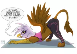 Size: 3755x2661 | Tagged: safe, artist:alicetriestodraw, derpibooru import, gilda, gryphon, annoyed, clothes, face down ass up, female, gym, gym uniform, image, looking at you, midriff, pants, png, side glance, solo, speech bubble, sports bra, stretching, talking to viewer, yoga, yoga pants