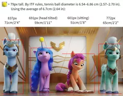 Size: 1920x1500 | Tagged: safe, derpibooru import, screencap, izzy moonbow, sunny starscout, earth pony, pegasus, pony, unicorn, my little pony: a new generation, spoiler:my little pony: a new adventure, 3d, analysis, armor, book, bracelet, braid, cute, elevator, g5, guard, helmet, horn, horn guard, horn impalement, hornball, image, izzy's tennis ball, jewelry, peytral, png, size chart, size comparison, socks (coat marking), tennis ball, thunder (g5), unshorn fetlocks, zoom zephyrwing