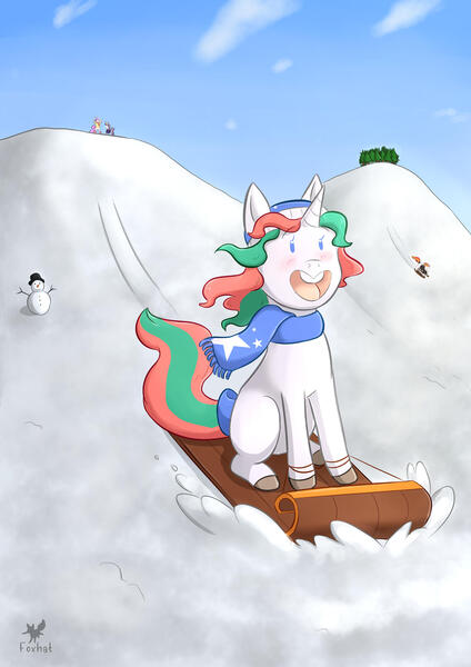 Size: 1752x2480 | Tagged: safe, artist:foxhatart, derpibooru import, oc, oc:mint, pony, unicorn, female, image, jpeg, mare, sled, snow, solo, winter