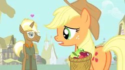 Size: 1280x720 | Tagged: safe, derpibooru import, screencap, applejack, trenderhoof, earth pony, pony, simple ways, apple, applebutt, butt, clothes, female, food, glasses, heart, image, male, mare, plot, png, shirt, stallion