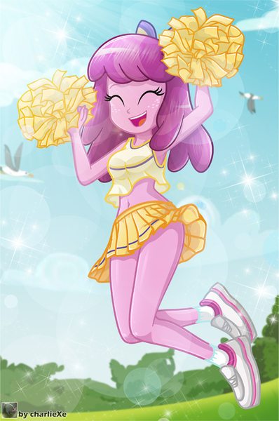 Size: 632x953 | Tagged: safe, artist:charliexe, derpibooru import, cheerilee, bird, seagull, equestria girls, adorasexy, belly button, cheeribetes, cheerileeder, cheerleader, clothes, cute, eyes closed, female, image, jpeg, legs, open mouth, pom pom, schrödinger's pantsu, sexy, shoes, skirt, socks, solo, thighs