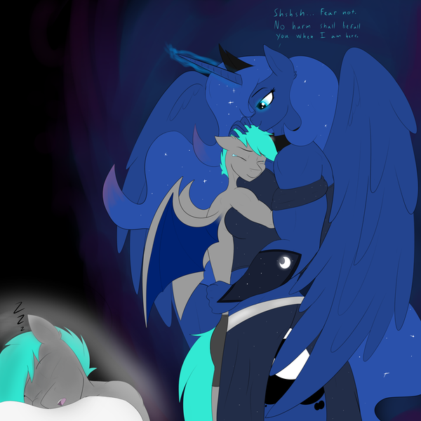 Size: 4000x4000 | Tagged: safe, artist:astrum, derpibooru import, princess luna, oc, alicorn, anthro, bat pony, abstract background, amazon, biceps, canon x oc, clothes, comforting, crown, crying, deltoids, dialogue, digital art, dream, dream walker luna, dress, duo, ethereal mane, ethereal tail, eyes closed, female, flowing mane, glowing eyes, glowing horn, guardluna, hand on head, height difference, horn, hug, image, jewelry, larger female, lidded eyes, male, muscles, muscular female, night guard, nightmare, onomatopoeia, png, princess muscle moona, protecting, regalia, royal guard, shipping, side slit, size difference, sleeping, smaller male, smiling, sound effects, straight, underwear, wings, zzz