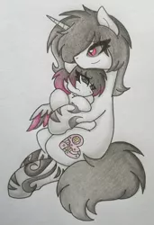 Size: 1280x1875 | Tagged: safe, artist:kitistrasza, derpibooru import, oc, oc:high voltage, oc:metalica gears, pony, female, hug, image, jpeg, mother and child, mother and daughter, traditional art, watermark