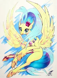 Size: 1487x2048 | Tagged: safe, artist:025aki, derpibooru import, princess skystar, hippogriff, my little pony: the movie, cute, female, flower, flower in hair, flying, image, jpeg, marker drawing, seashell necklace, sky, skyabetes, solo, spread wings, traditional art, wings