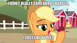 Size: 889x500 | Tagged: safe, derpibooru import, edit, screencap, applejack, the last problem, apple, barn, caption, farm, female, fence, food, happy, image, image macro, jpeg, meme, solo, text, that pony sure does love apples