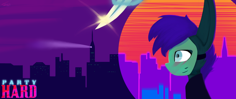 Size: 2560x1080 | Tagged: safe, artist:graphictoxin, derpibooru import, ponified, pony, city, crazy face, crossover, faic, fanart, game, image, knife, magic, male, mask, minimalist, modern art, moon, night, party hard, png, poster, purple sky, sky, solo, synthwave, text