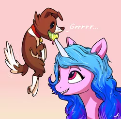 Size: 2250x2204 | Tagged: safe, artist:docwario, derpibooru import, izzy moonbow, winona, dog, pony, unicorn, biting, collar, cute, dialogue, drool, female, g5, gradient background, growling, grrrr, high res, horn, horn guard, horn impalement, hornball, image, izzy's tennis ball, mare, noise, open mouth, pink background, png, sharp teeth, simple background, smiling, tail, teeth, tennis ball, tongue out