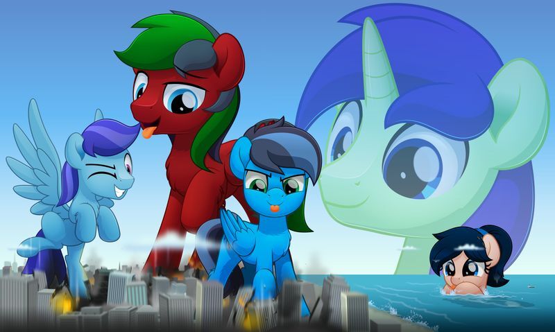 Size: 800x479 | Tagged: safe, artist:jhayarr23, derpibooru import, oc, oc:crescend cinnamon, oc:crimson fall, oc:kosmos, oc:sierra nightingale, unofficial characters only, earth pony, pegasus, pony, unicorn, beach, building, city, cloud, cruise ship, destruction, female, fire, giant earth pony, giant pegasus, giant pony, giant unicorn, giga giant, image, jpeg, looking at you, looking down, looking down at you, macro, male, mare, mega giant, ocean, rampage, ship, smoke, stallion, wave