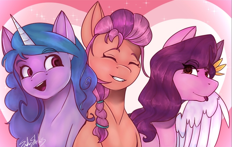 Size: 2198x1391 | Tagged: safe, artist:sombershadows, derpibooru import, izzy moonbow, pipp petals, sunny starscout, earth pony, pegasus, pony, unicorn, braid, cute, eye clipping through hair, eyes closed, female, g5, image, jpeg, mare, open mouth, smiling, tongue out, trio, upscaled, wingding eyes, wings