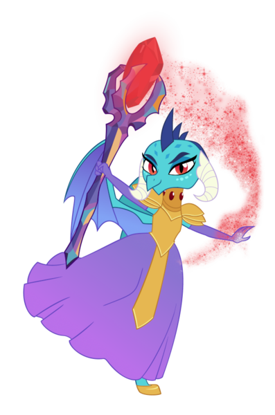 Size: 602x910 | Tagged: safe, artist:queencold, derpibooru import, princess ember, dragon, armor, bloodstone scepter, clothes, commission, dragoness, dress, female, image, magic, png, simple background, solo, transparent background