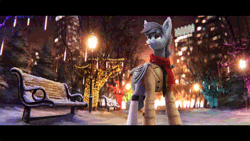 Size: 1066x600 | Tagged: safe, artist:syntaxartz, derpibooru import, oc, unofficial characters only, bat pony, pony, animated, bench, cigarette, cinemagraph, city, clothes, commission, gif, image, irl, male, night, park, park bench, perfect loop, photo, ponies in real life, scarf, shirt, smiling, smoking, snow, solo, stallion, streetlight, winter