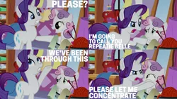 Size: 1986x1117 | Tagged: safe, derpibooru import, edit, edited screencap, editor:quoterific, screencap, rarity, sweetie belle, pony, unicorn, marks for effort, angry, bipedal, duo, duo female, female, image, open mouth, png, repeatie belle, teeth