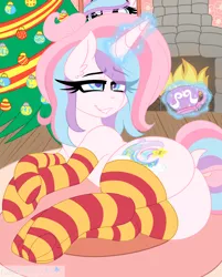 Size: 1630x2030 | Tagged: suggestive, artist:ladylullabystar, derpibooru import, oc, oc:lullaby star, unofficial characters only, pony, unicorn, butt, christmas, christmas tree, clothes, cup, female, fire, fireplace, glowing horn, holiday, horn, image, jpeg, lying down, magic, mare, plot, prone, socks, solo, solo female, stockings, striped socks, telekinesis, thigh highs, tree