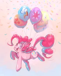 Size: 2941x3681 | Tagged: safe, artist:pinxie, artist:ribbonpinxie, derpibooru import, pinkie pie, earth pony, pony, balloon, confetti, cute, cutie mark, diapinkes, female, floating, high res, image, implied applejack, implied fluttershy, implied rainbow dash, implied rarity, implied twilight sparkle, mare, open mouth, pixiv, png, solo, then watch her balloons lift her up to the sky