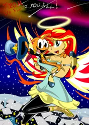 Size: 1024x1449 | Tagged: safe, artist:gizmo01, derpibooru import, sunset shimmer, equestria girls, aurora borealis, blue fairy, clothes, cosplay, costume, friendshipping, hair over one eye, halo, hat, houses, image, jiminy cricket, jpeg, pinocchio, roleplaying, shooting stars, snow, umbrella, wander (wander over yonder), wander over yonder, wings