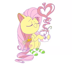 Size: 1200x1100 | Tagged: safe, artist:batshaped, derpibooru import, fluttershy, pegasus, pony, candy, candy cane, chocolate, clothes, cute, drink, eyes closed, female, food, heart, heart shaped, hoof hold, hot chocolate, image, mare, marshmallow, mug, png, shyabetes, simple background, sitting, smiling, socks, solo, steam, striped socks, white background