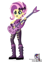 Size: 2013x2979 | Tagged: safe, artist:intelmax89, derpibooru import, fluttershy, bat, equestria girls, equestria girls series, rollercoaster of friendship, alternate hairstyle, boots, clothes, ear piercing, earring, eyeshadow, flutterpunk, guitar, hairpin, image, jeans, jewelry, lipstick, makeup, musical instrument, pants, piercing, png, ripped jeans, ripped pants, shoes, sleeveless, solo, torn clothes