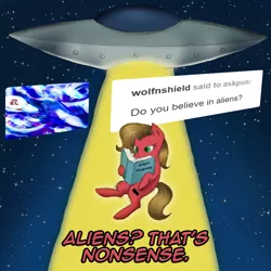 Size: 850x850 | Tagged: safe, artist:ariah101, derpibooru import, oc, oc:pun, alien, earth pony, pony, ask pun, abduction, alien abduction, ask, failed a spot check, image, jpeg, solo, space, ufo