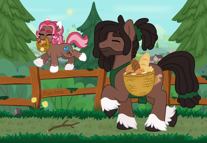 Size: 1500x1035 | Tagged: safe, artist:pink-pone, derpibooru import, oc, oc:ginger bread, oc:jamie dodger, unofficial characters only, insect, ladybug, pony, basket, bread, female, fence, filly, food, image, male, mouth hold, png, stallion, tree