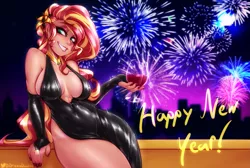 Size: 2811x1886 | Tagged: suggestive, artist:drizziedoodles, derpibooru import, sunset shimmer, human, abs, absolute cleavage, alcohol, alternate hairstyle, balcony, bedroom eyes, big breasts, bottomless, breasts, cleavage, clothes, dress, evening dress, evening gloves, eyeliner, eyeshadow, female, fireworks, freckles, glass, gloves, hairpin, happy new year, happy new year 2021, holiday, humanized, image, jewelry, long gloves, long hair, looking at you, makeup, mascara, nail polish, necklace, no panties, partial nudity, peppered bacon, png, ring, smiling, solo, solo female, tan lines, total sideslit, wide hips, wine, wine glass