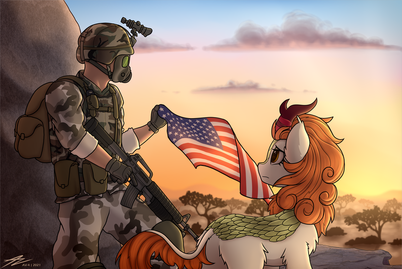 Size: 3866x2587 | Tagged: safe, artist:av-4, artist:avastin4, derpibooru import, autumn blaze, human, kirin, fanfic:questionable ethics, adrian shephard, american flag, assault rifle, ear fluff, fanfic art, flag, gun, half-life, half-life: opposing force, h.e.c.u., helmet, image, murica, outdoors, png, rifle, sunset, tree, weapon