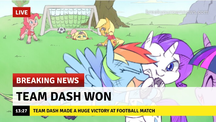 Size: 713x404 | Tagged: safe, artist:raridashdoodles, derpibooru import, edit, applejack, fluttershy, pinkie pie, rainbow dash, rarity, twilight sparkle, earth pony, pegasus, pony, unicorn, break your own news, breaking news, football, image, jpeg, mane six, sports