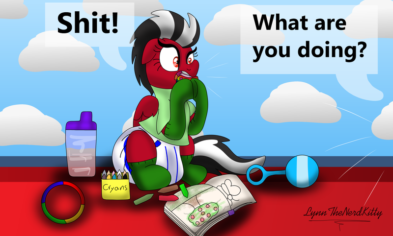 Size: 1280x771 | Tagged: suggestive, artist:lynnthenerdkitty, derpibooru import, oc, oc:shatter misty cloud, ponified, pegasus, pony, adult foal, baby bottle, caught, clothes, coloring book, crayons, diaper, diaper fetish, female, fetish, floppy ears, image, offscreen character, pacifier, png, poofy diaper, rattle, shatter (transformers), shirt, sitting, socks, solo, solo female, speech bubble, teething, transformers, vulgar