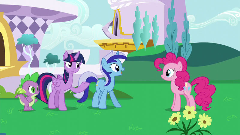 Size: 1280x720 | Tagged: safe, derpibooru import, screencap, minuette, pinkie pie, spike, twilight sparkle, twilight sparkle (alicorn), alicorn, dragon, earth pony, pony, unicorn, amending fences, female, image, mare, png