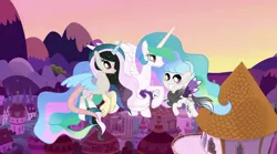 Size: 1024x571 | Tagged: safe, artist:velveagicsentryyt, derpibooru import, princess celestia, oc, oc:asterism, oc:mysterilestia, hybrid, base used, deviantart watermark, female, flying, image, interspecies offspring, jpeg, mother and child, obtrusive watermark, offspring, parent:discord, parent:princess celestia, parents:dislestia, watermark