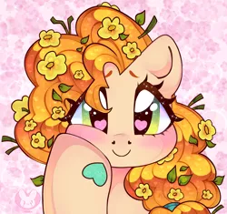 Size: 3115x2929 | Tagged: safe, artist:bunxl, derpibooru import, pear butter, earth pony, pony, cute, female, flower, flower in hair, heart eyes, hoof on cheek, image, mare, pearabetes, png, solo, wingding eyes