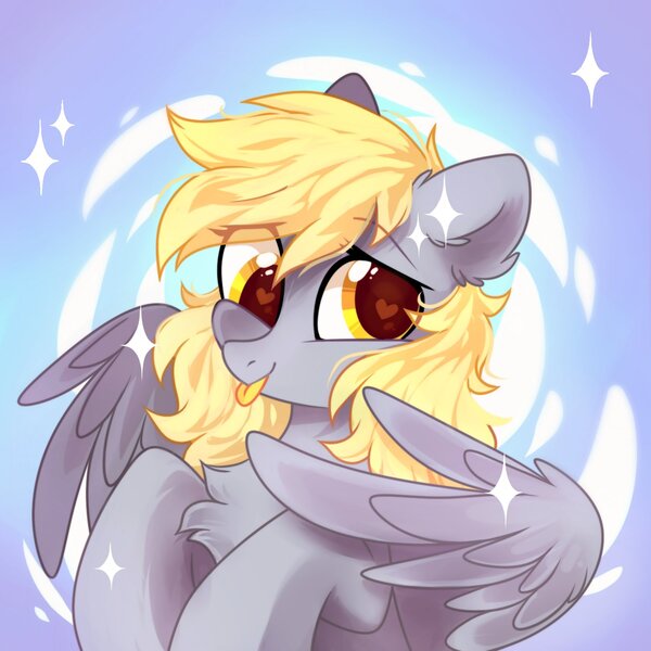 Size: 1500x1500 | Tagged: safe, artist:mirtash, derpibooru import, derpy hooves, pegasus, pony, abstract background, chest fluff, cute, derpabetes, eye clipping through hair, female, heart eyes, image, jpeg, looking at you, mare, smiling, solo, tongue out, wingding eyes