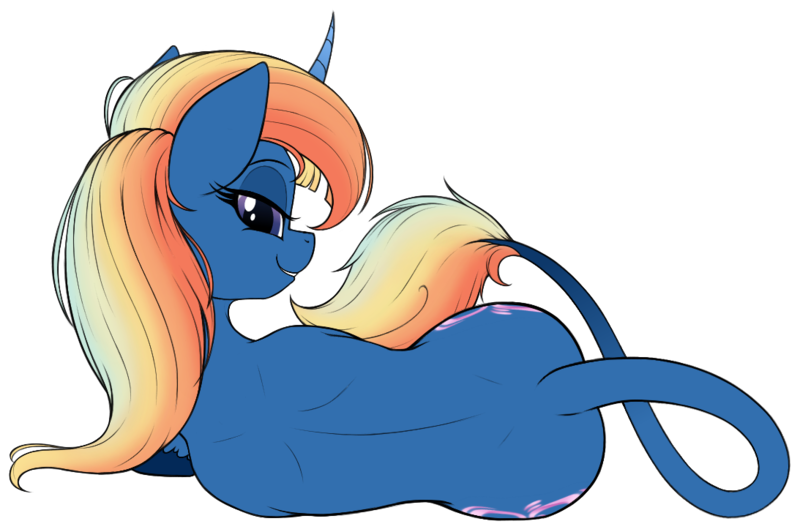 Size: 1093x727 | Tagged: safe, artist:suspega, derpibooru import, oc, oc:cobalt mist, unofficial characters only, pony, unicorn, bedroom eyes, both cutie marks, derpibooru exclusive, eyeshadow, female, horn, image, leonine tail, long tail, looking at you, looking back, looking back at you, lying down, makeup, multicolored hair, png, rainbow hair, rear view, side, simple background, smiling, solo, tail mouth, transparent background, unicorn oc, white outline