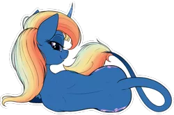 Size: 1093x727 | Tagged: safe, artist:suspega, derpibooru import, oc, oc:cobalt mist, unofficial characters only, pony, unicorn, bedroom eyes, both cutie marks, derpibooru exclusive, eyeshadow, female, horn, image, leonine tail, long tail, looking at you, looking back, looking back at you, lying down, makeup, multicolored hair, png, rainbow hair, rear view, side, simple background, smiling, solo, tail mouth, transparent background, unicorn oc, white outline