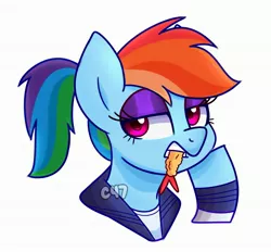 Size: 2991x2771 | Tagged: safe, artist:handgunboi, derpibooru import, rainbow dash, pegasus, pony, shrimp, clothes, food, fried shrimp, image, jpeg, meat, ponies eating meat, ponytail, school uniform, simple background, white background